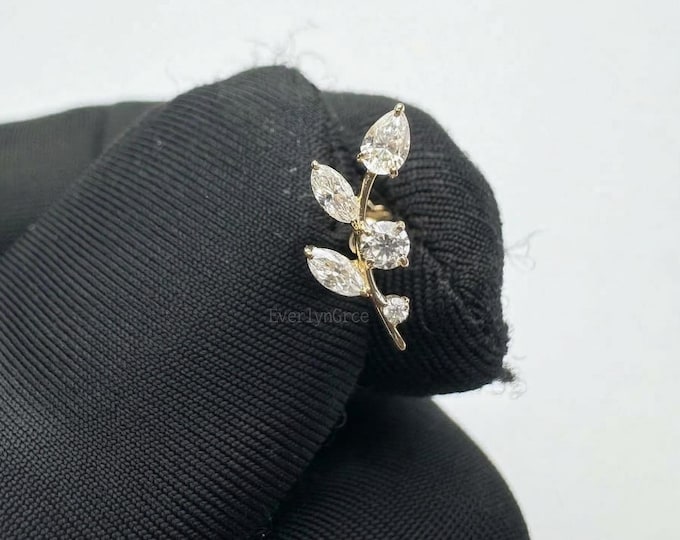 Dainty 14k Gold Diamond Vine Earring, Marquise Leaf Crawler Stud