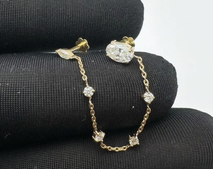 14K  Gold Double Gemstone Chain Studs Double Piercings Set Studs Two Connected Earrings Diamond Chain Earring Helix Double Piercing