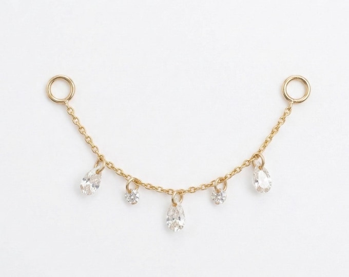 14K Gold Diamond Dangle Earring Chain • Pear & Round Cut