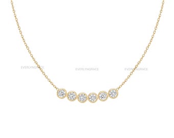 14K Solid Gold Bezel Diamond Bar Necklace, Lab Grown Diamond Station Necklace, Minimalist Layering Necklace, Anniversary Gift