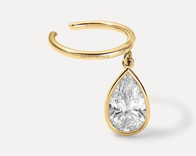 Gold Diamond Ear Cuff with Pear Lab Grown Drop | Dainty Statement Earring