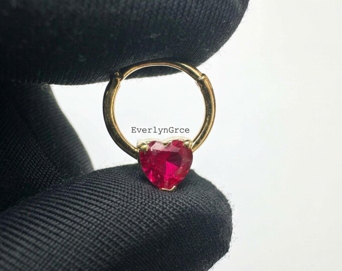 14K Gold Heart Daith Piercing, Moissanite Septum Clicker, Rook Conch Ring