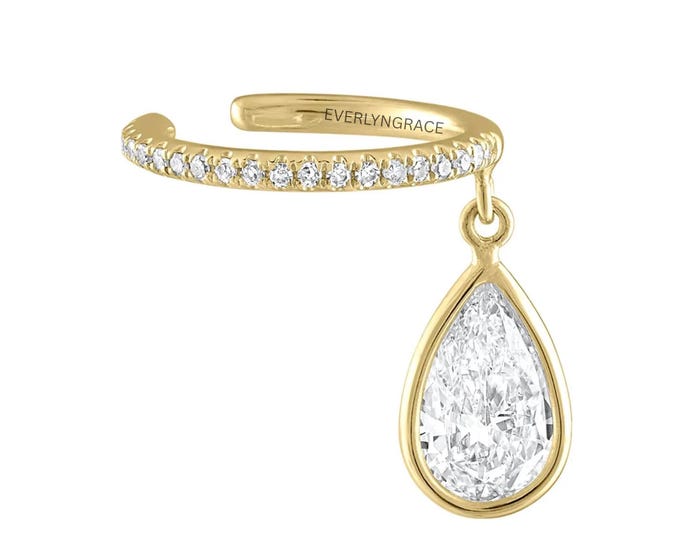 Gold Diamond Ear Cuff with Pear Lab Grown Drop | Dainty Statement Earring
