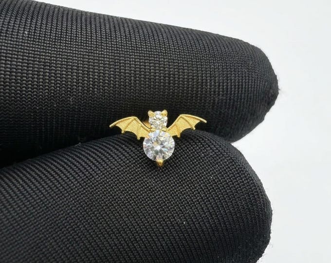 14k Solid Gold Flying Bat Helix Stud Earring Labgrown Diamond Bat Cartilage Stud ,Tiny Animal Earlobe Piercing Jewelry Gift