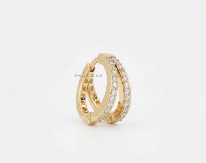 14K Gold Diamond Huggie Earrings, Double Hoop, Minimalist Jewelry