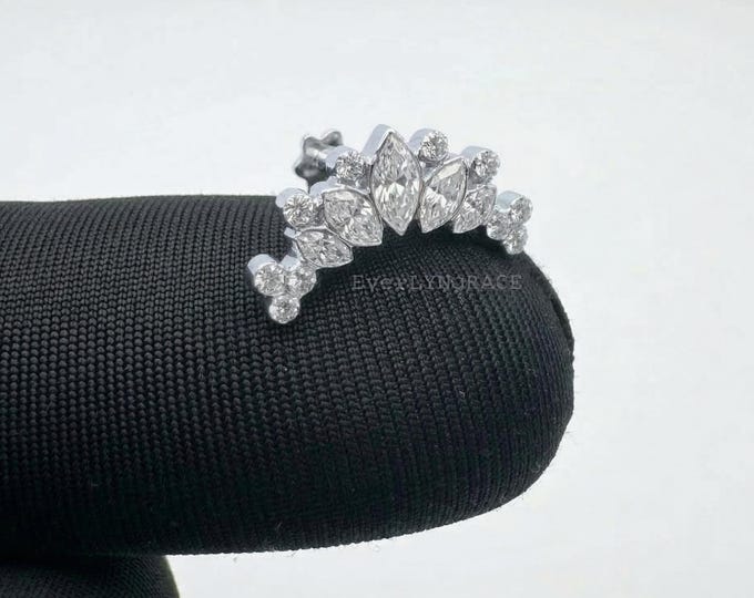 14K Gold Marquise & Round Diamond Cluster Stud: Lab-Grown Conch Earring