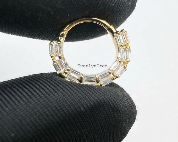 Gold Baguette Diamond Septum Clicker, 14K Gold Daith Hoop