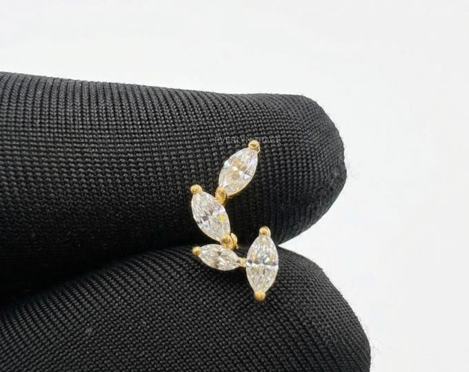 14K Gold Lab Grown Diamond Earring , Marquise Cut Fan Stud Earring