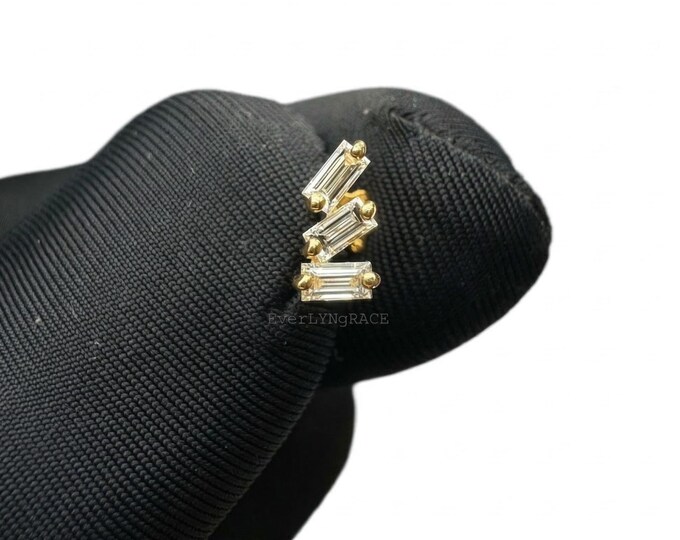 14k Gold Baguette Lab Diamond Stud Earring, Dainty Solitaire