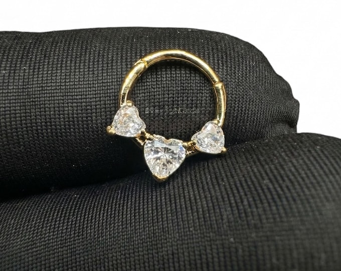 14K Gold Triple Heart CZ Septum Ring – 16G Daith Clicker