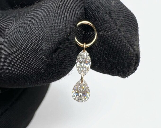 14K Gold Diamond Dangle Charm for Hoop Earrings, Pear & Marquise Cut