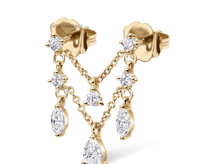 Prong Set Round Lab Grown Diamond and Pear Trinity Orbital Earring dangling diamonds Piercing 14K Solid Gold For Her