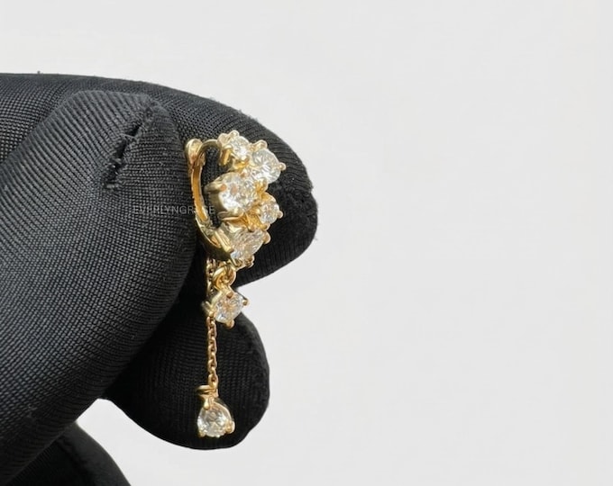 14KGold Lab Grown Diamond Hoop Earring, Dangle Chain Diamond Hoop, Helix Cartilage Hoop, Floral Diamond Drop Earring Luxury Piercing Jewelry