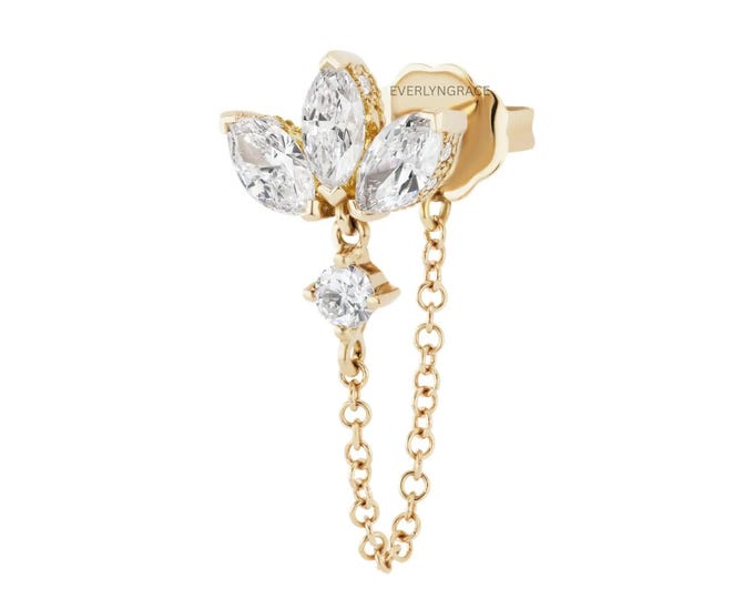 14K Solid Gold 6 MM Diamond Lotus Dangle Chain Wrap, Marquise and Round Diamond Piercing, Traditional Earring Back, Lobe earrings For Her.