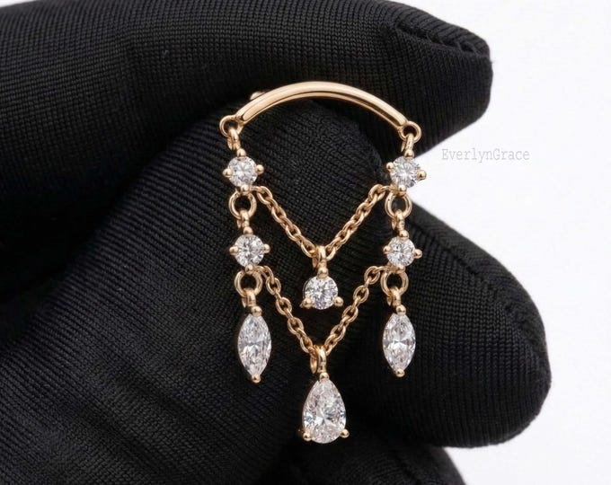14K Solid Gold Diamond Drape Chandelier Threaded Stud Earring Helix Piercing For Her Diamond Cartilage Lobe Piercing Dangling Drape Stud