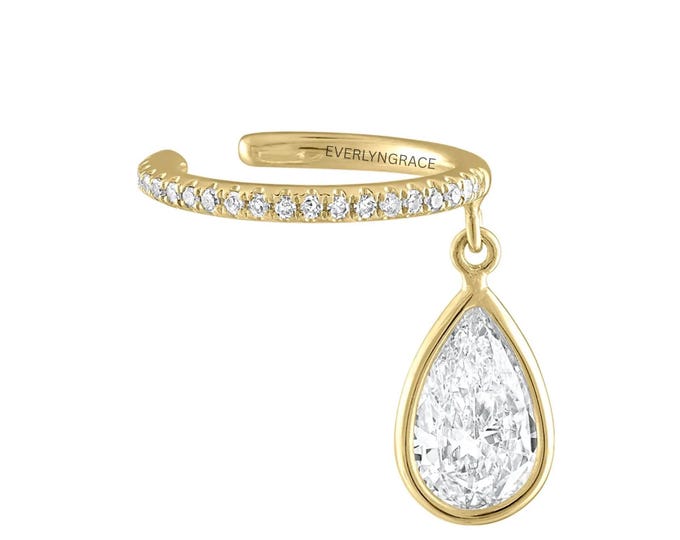 Gold Diamond Ear Cuff with Pear Lab Grown Drop | Dainty Statement Earring