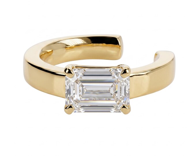14k Gold Emerald-Cut Diamond Ear Cuff – Minimalist Non-Pierced Cartilage Helix Earring, Stackable Conch Cuff