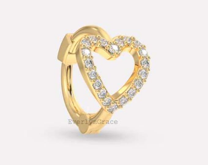 14K Solid Gold Diamond Heart Hoop Earring, Dainty 0.30 Ct VVS