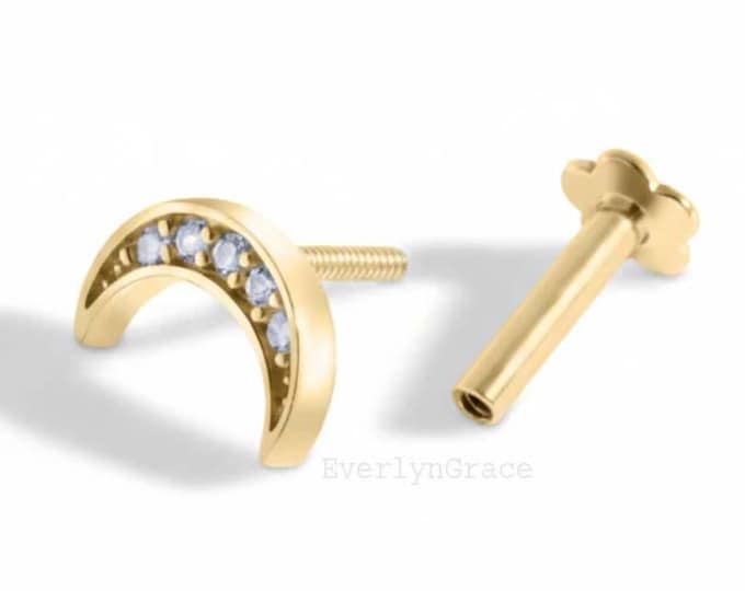 14K Gold Diamond Crescent Moon Stud Earring, Helix Cartilage Piercing