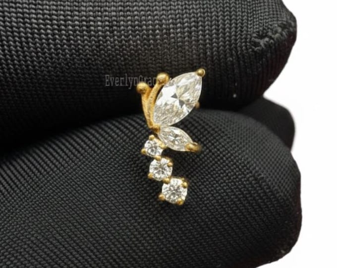 14K Gold Marquise Diamond Stud Earring | Butterfly Leaf Design