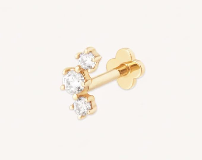 Curved Crystal Piercing Stud in Solid Gold