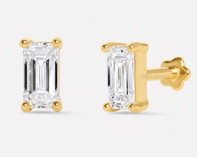14k Gold Baguette Lab Diamond Stud Earring, Gift for Women