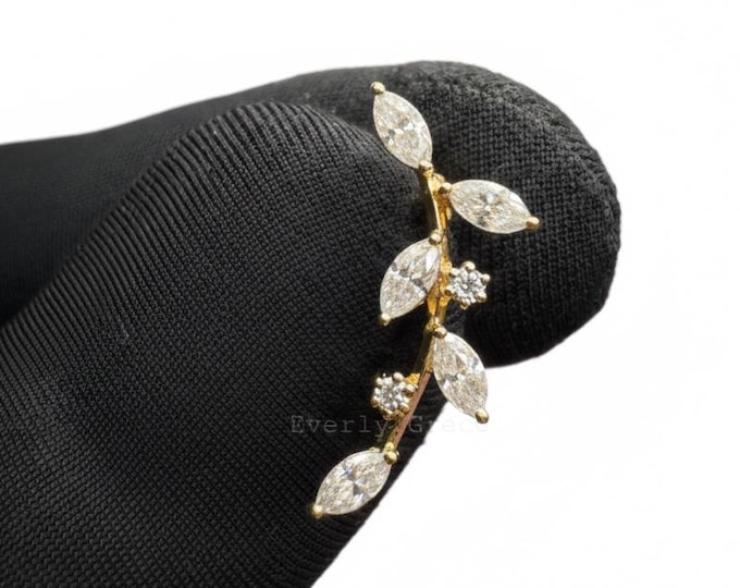 14k Gold Lab Grown Diamond Leaf Ear Climber, Helix Piercing