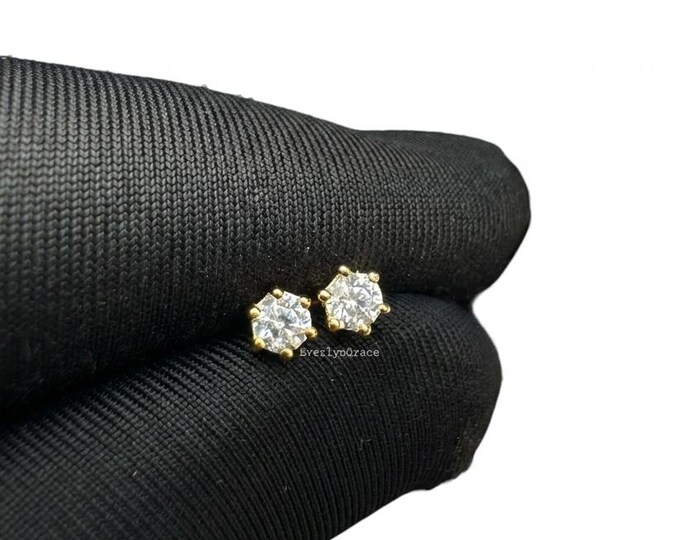 14k Gold Round Moissanite Stud Earrings, Solitaire Minimalist Style