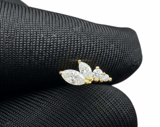 14k Gold Marquise Diamond Lotus Ear Climber Stud