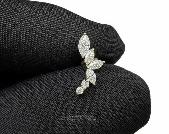 14K Gold Leaf Ear Climber: Marquise Lab Grown Diamond Helix Earring