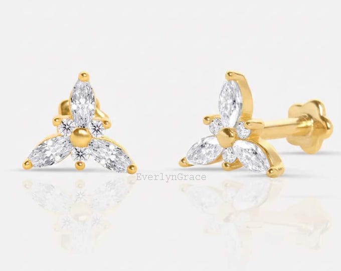 14K Gold Lab Grown Diamond Flower Stud Earring, Marquise Cartilage Piercing
