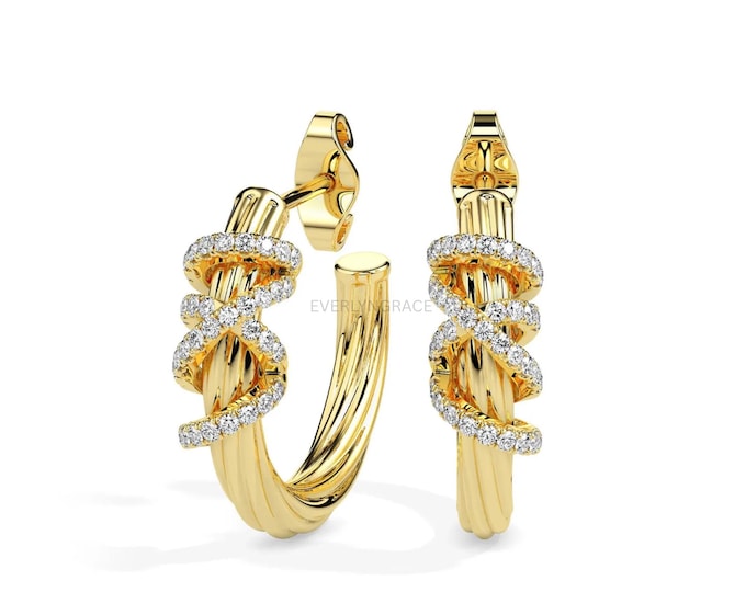 Golden Twist Diamond  Hoop Earring, 14k Solid Gold Lab Grown Diamonds Small Hoop Earring - Elegant Luxury Jewelry for Women