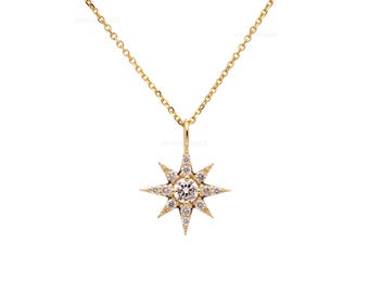 North Star Diamond Pendant Necklace, 14K Solid Gold Celestial Starburst Necklace, Lab Grown Diamond Star Charm, Minimalist Dainty Necklace