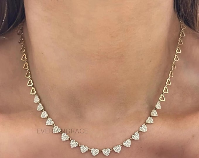 Pave Diamond Heart Necklace 10k 14k Real Solid Gold Round Cut Lab Grown Diamond Elegant Classic Luxury Gold Bridal Wedding Layering Necklace