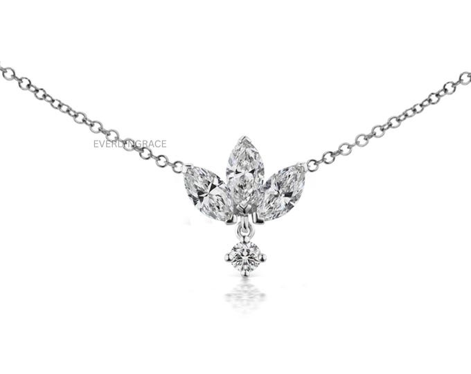 Celebrity style Large Engraved Diamond Lotus with Diamond Dangle Necklace Invisible Set Marquise Labgrown Diamond Necklace lotus 14K gold
