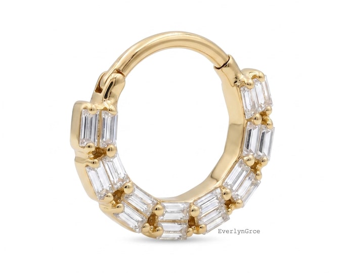 Gold Baguette Diamond Septum Clicker, 14K Gold Daith Hoop