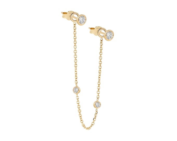 Minimalist Gold Chain Drop Earrings, Diamond Bezel Stud Dangle Earrings, Double Chain Ear Jacket, Lab grown Diamond Earrings