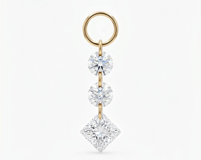 14K Gold Triple Lab Diamond Charm - Princess & Round Cut Dangle
