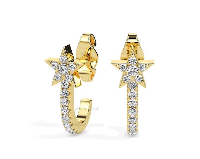 Shooting Star Half Huggie Hoop Earrings, 14k Solid Gold Lab Grown Diamonds Small Hoop Stud Earrings - Minimalist Dainty Jewelry