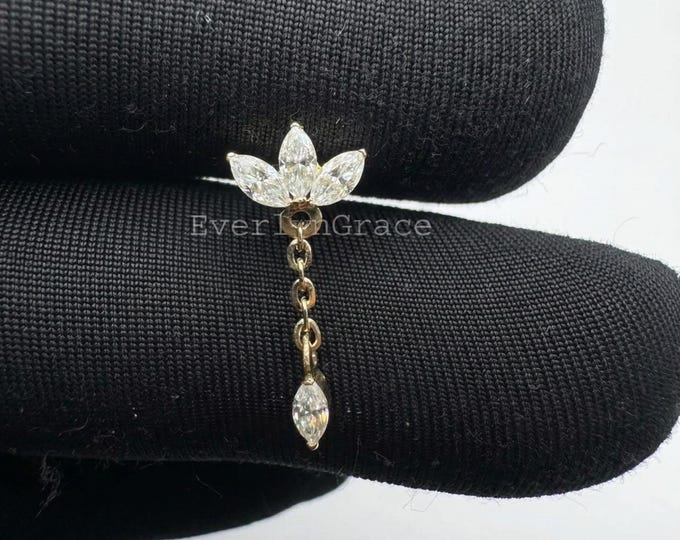14K Gold Marquise Lab Grown Diamond Lotus Dangle Earring