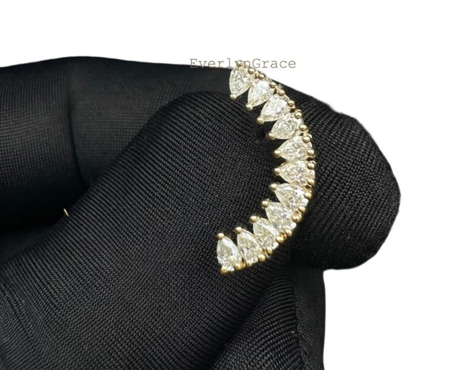 14K Gold Pear Lab grown Curved Climber Earring, Helix Conch Bold Piercing Stud