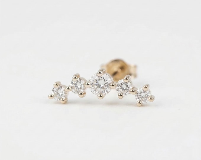 Lab Grown Diamond Crescent Graduated Climber Crawler Earring, 14K Solid Gold Ear Climber Studs, Five Stone Earring, Screw Back Cartilage