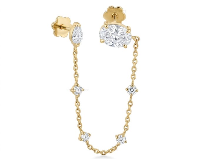 14K  Gold Double Gemstone Chain Studs Double Piercings Set Studs Two Connected Earrings Diamond Chain Earring Helix Double Piercing
