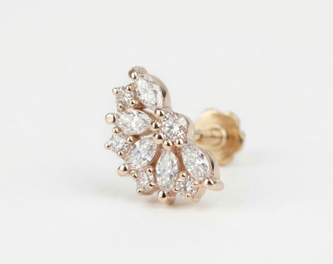 Lab Diamond Marquise Lotus Cartilage Stud Conch Tragus Earring, Flower Helix Stud, Minimalist Flower Earring