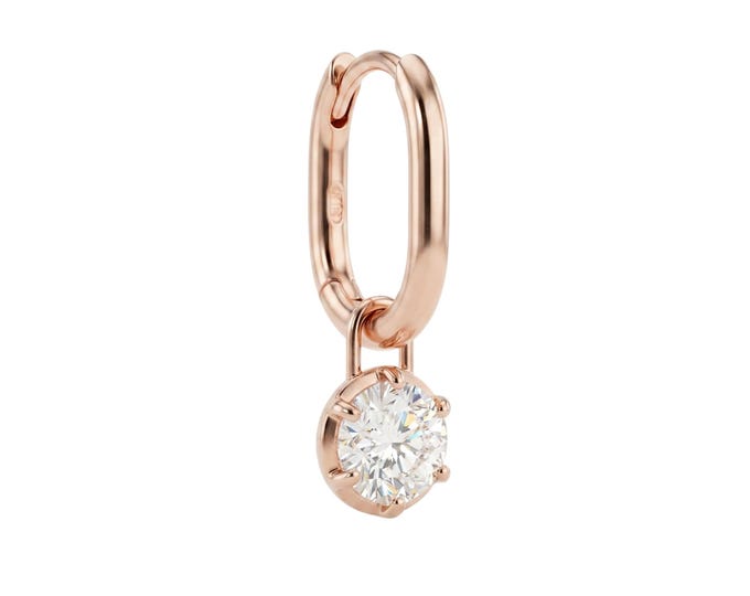 Round Brilliant Cut Diamond Dangle Hoop Earring in 14K Rose Gold, Oval Huggie Hoop with Solitaire Charm, Minimalist Drop Earring
