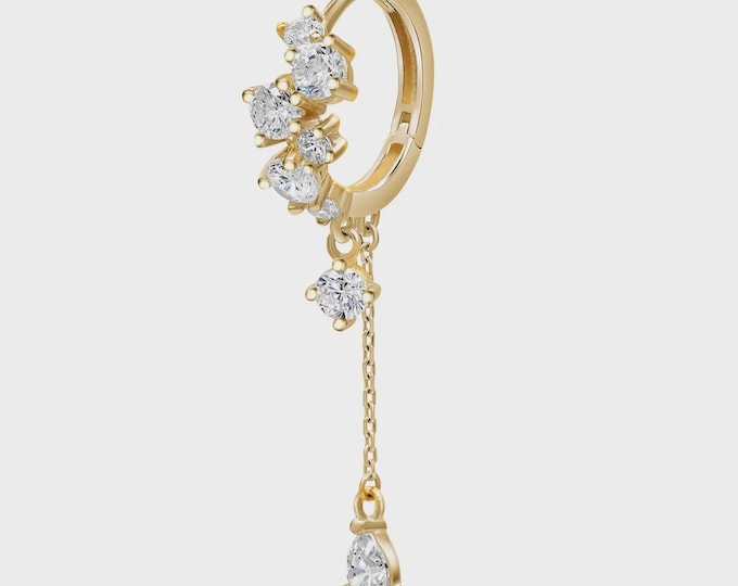 14KGold Lab Grown Diamond Hoop Earring, Dangle Chain Diamond Hoop, Helix Cartilage Hoop, Floral Diamond Drop Earring Luxury Piercing Jewelry
