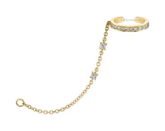 14K Gold Diamond Ear Cuff Chain, Pave Ear Cuff, Dangle Chain Earring, Cartilage Cuff, No Piercing Ear Wrap, Minimal Jewellery