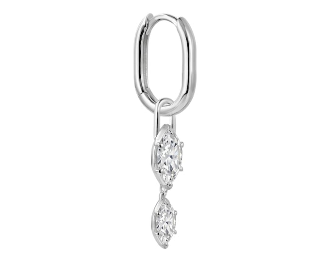 Marquise Diamond Dangle Hoop Earring in 14K White Gold, Oval Huggie Hoop with Two Stone Marquise Charm, Delicate Drop Earring