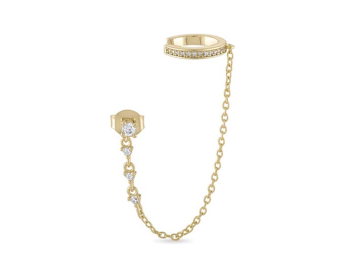 Diamond Chain Connector Earring, Double Piercing Stud Earring, Lab-grown Chain Drop Earring, solid Gold Cartilage Earring