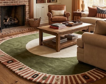 Olive Green Abstract Tufted Rug, Handmade Wool Area Rug, Modern Organic Bedroom Rug, Cream Statement Rug, Contemporary Floor Carpet